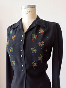 1940s - Precious Floral Baskets Embroidery Blouse - W30 (76cm)