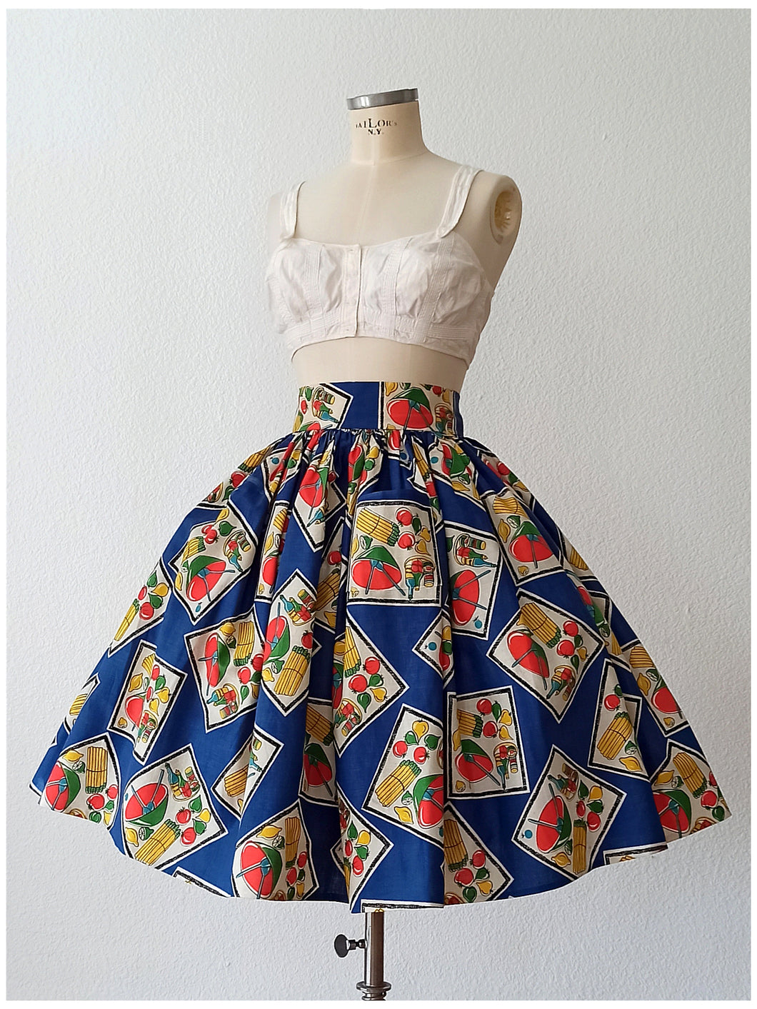1950s - Stunning Novelty Asparagus Print Cotton Skirt - W28.5 (72cm)