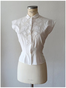 1940s 1950s - Precious Hand Embroidery Cotton Blouse - W33 (84cm)