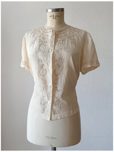 1940s 1950s - Exquisite Hand Embroidered Pure Silk Blouse - Sz 46