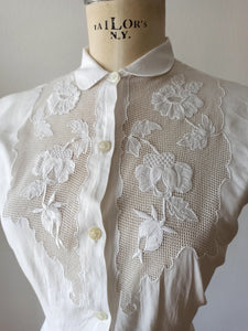 1940s 1950s - Precious Hand Embroidery Cotton Blouse - W33 (84cm)