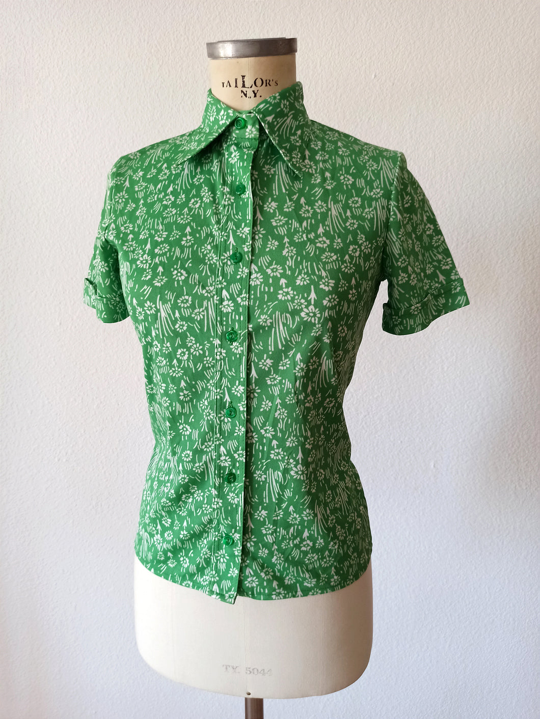 1970s - CORTEFIEL - Green Floral Blouse - Sz S/M