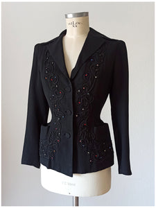 1940s - FRANCE - Outstanding Rhinestones Gabardine Blazer - W29 (74cm)