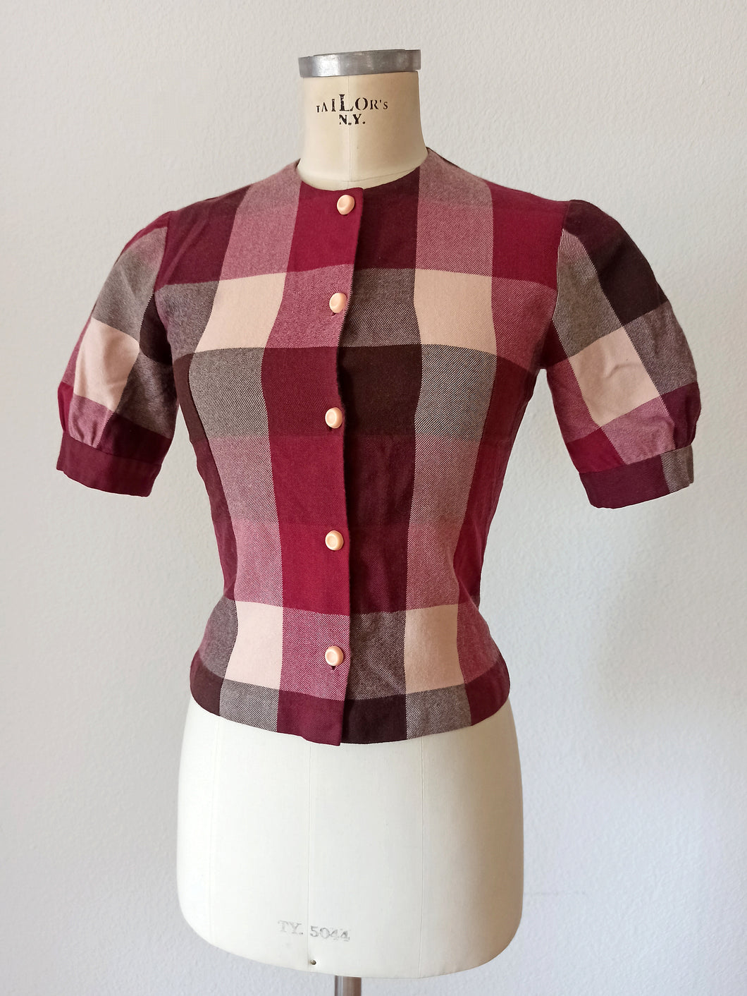 1960s - Puffed Sleeves Plaid Wool Top - W30 (76cm)
