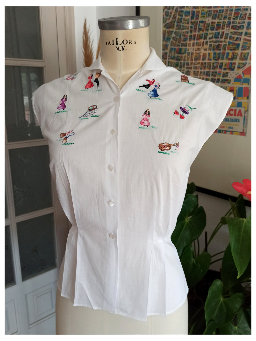 1950s - Exquisite Flamenco Dancers Embroidery Blouse - W31.5 (80cm)