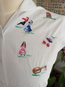 1950s - Exquisite Flamenco Dancers Embroidery Blouse - W31.5 (80cm)