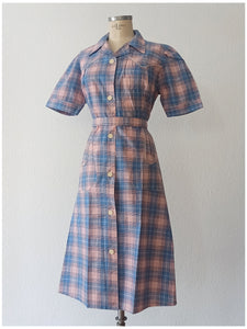 1940s - JD - Unworn - Gorgeous Pink Blue Plaid Cotton Dress - W34 (86cm)