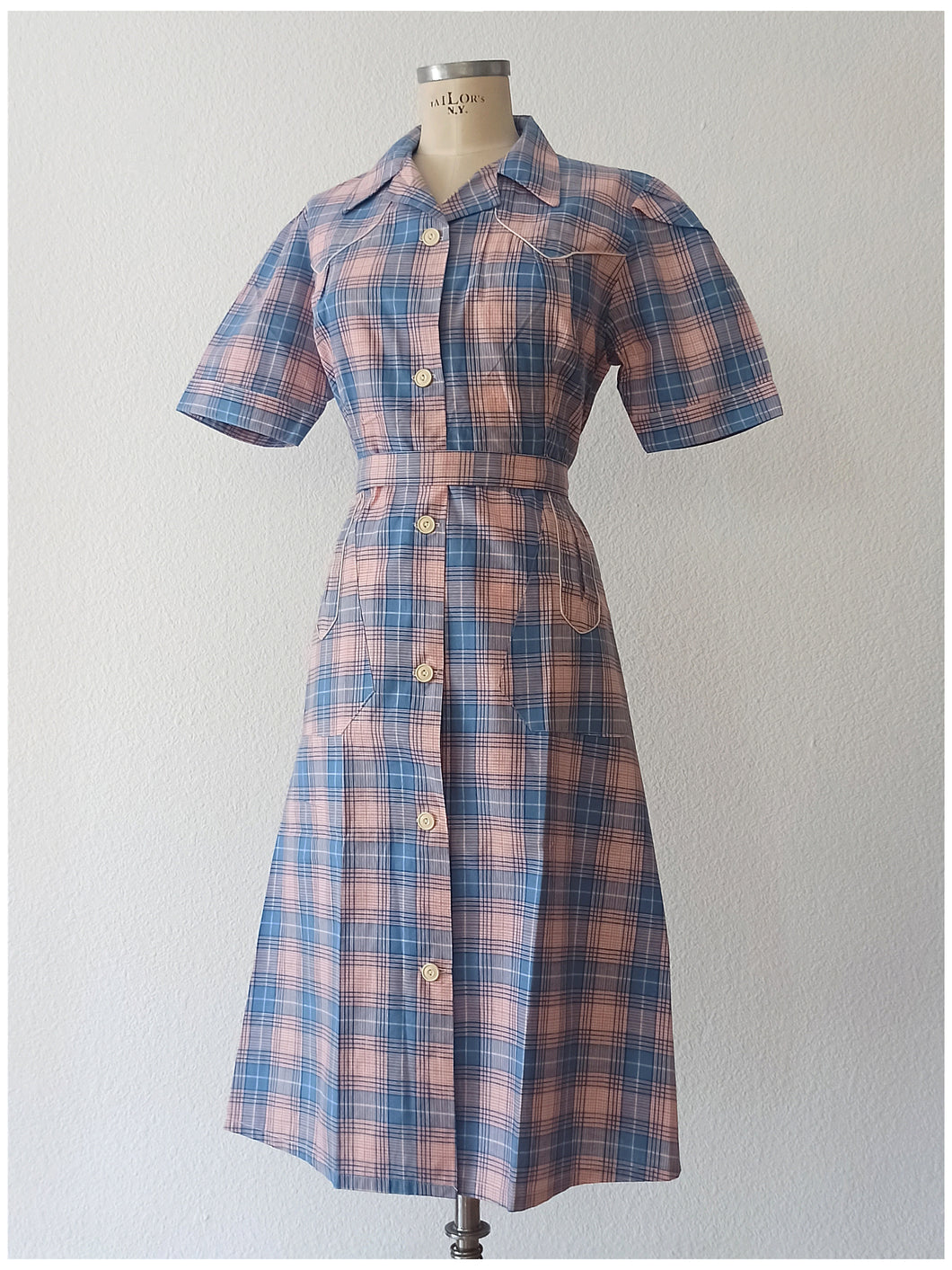 1940s - JD - Unworn - Gorgeous Pink Blue Plaid Cotton Dress - W34 (86cm)