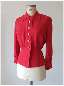 1940s - Exquisite Cherry Red Gabardine Rayon Blouse - W35 (90cm)