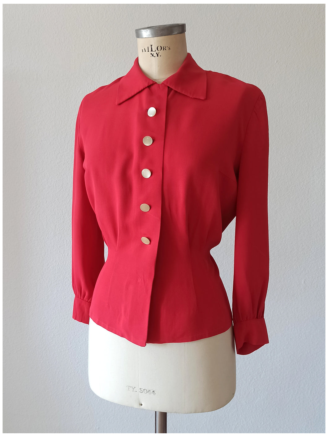 1940s - Exquisite Cherry Red Gabardine Rayon Blouse - W35 (90cm)