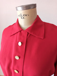 1940s - Exquisite Cherry Red Gabardine Rayon Blouse - W35 (90cm)