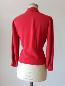 1940s - Exquisite Cherry Red Gabardine Rayon Blouse - W35 (90cm)