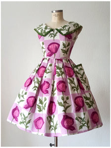 1950s - Spectacular Purple Green Floral Dress - W27.5 (70cm)