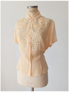 1940s 1950s - Exquisite Peach Crepe Embroidery Blouse - W39 (100cm)