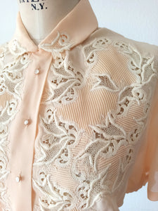 1940s 1950s - Exquisite Peach Crepe Embroidery Blouse - W39 (100cm)