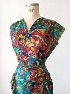1940s - Outstanding Beauty Novelty Birds Silk Dress - W27 (68cm)