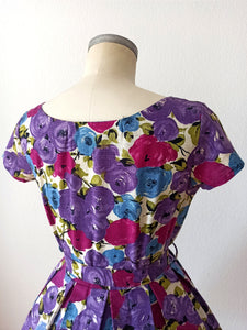1950s 1960s - Stunning German Purple Roseprint Dress - W27.5 (70cm)