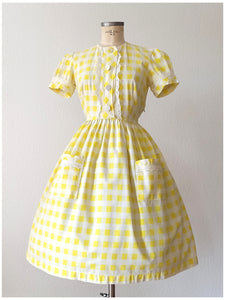 1950s - PARIS - Delightful Puffed Sleeves Plaid Dress - W30 (76cm)