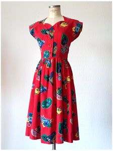1940s - Stunning Red Gardening Novelty Print Dress - W27 (68cm)