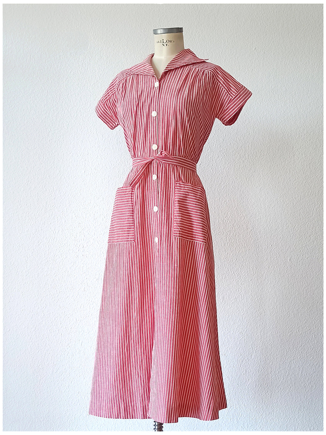 1940s - Gorgeous Red Stripes Cotton Dress - W31 (78cm)