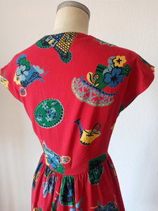 1940s - Stunning Red Gardening Novelty Print Dress - W27 (68cm)