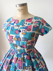 1950s 1960s - HENRY GABRIEL, France - Collector Novelty Print Dress - W28.5 (72cm)