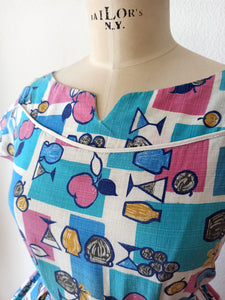 1950s 1960s - HENRY GABRIEL, France - Collector Novelty Print Dress - W28.5 (72cm)