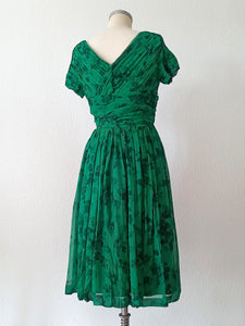 1950s - NINA FABBRI, Belgium - Exquisite Green Silk Couture Dress - W27 (68cm)
