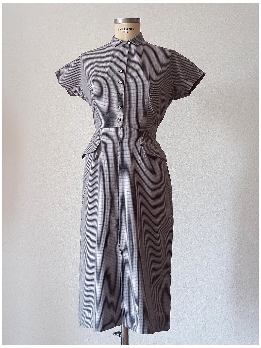 1950s - FRANCE - Gorgeous Grey Cotton Pockets Dress - W29 (74cm)