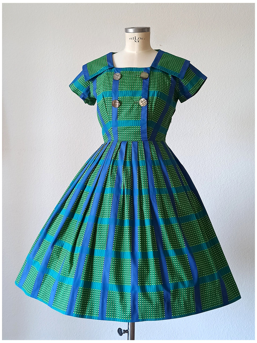 1950s - RACELL, France - Stunning Green Blue Cotton Dress - W26 (66cm)