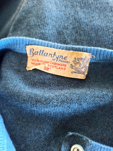 1950s - BALLANTYNE, Scotland - Precious Blue Argyle Cashmere Cardigan - Sz 38
