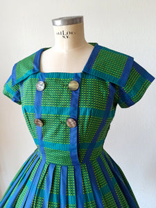 1950s - RACELL, France - Stunning Green Blue Cotton Dress - W26 (66cm)