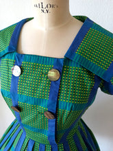 Load image into Gallery viewer, 1950s - RACELL, France - Stunning Green Blue Cotton Dress - W26 (66cm)
