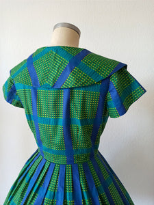 1950s - RACELL, France - Stunning Green Blue Cotton Dress - W26 (66cm)