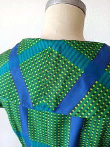 1950s - RACELL, France - Stunning Green Blue Cotton Dress - W26 (66cm)