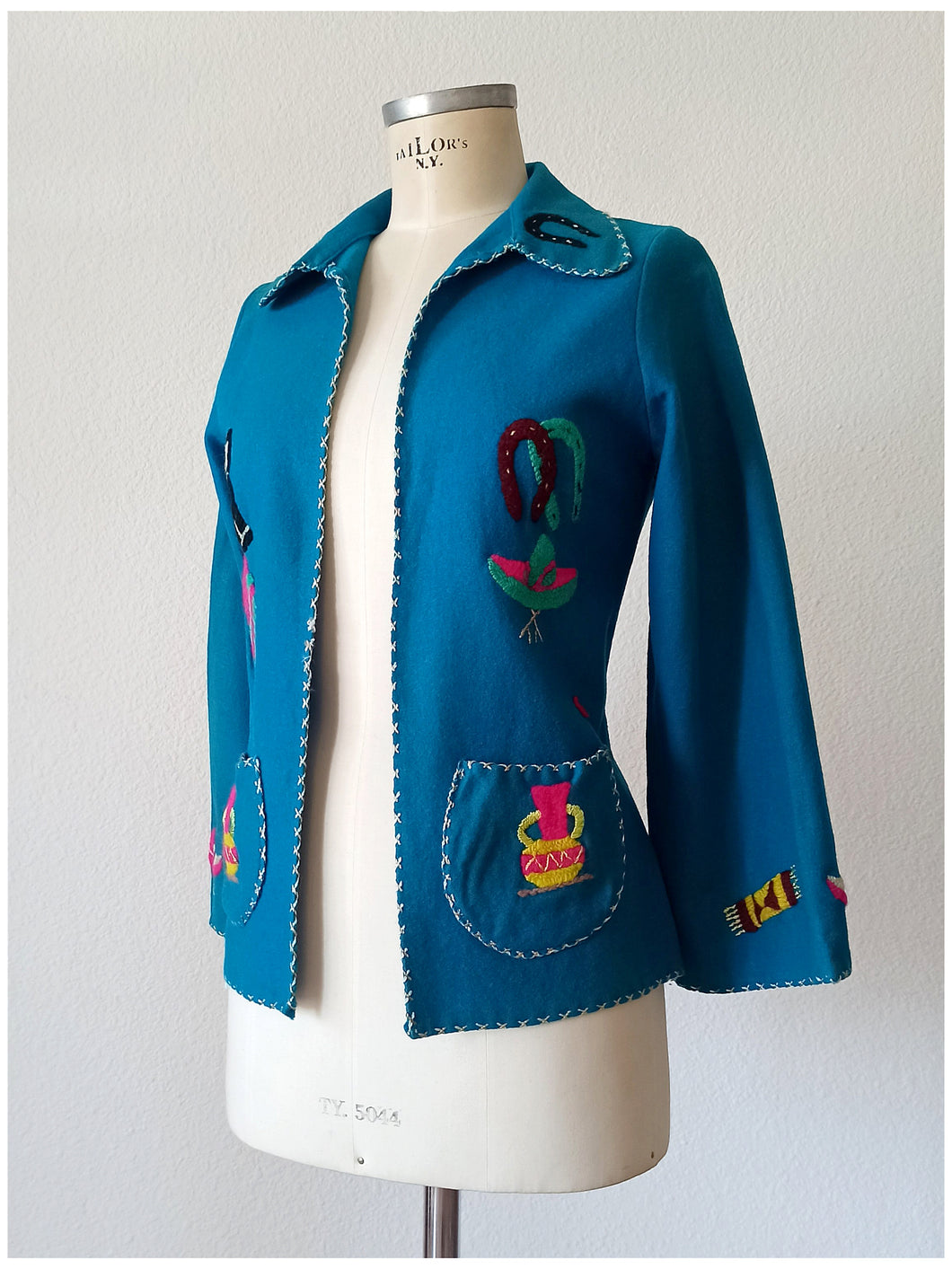 1940s 1950s - Gorgeous Blue Embroidered Mexican Jacket