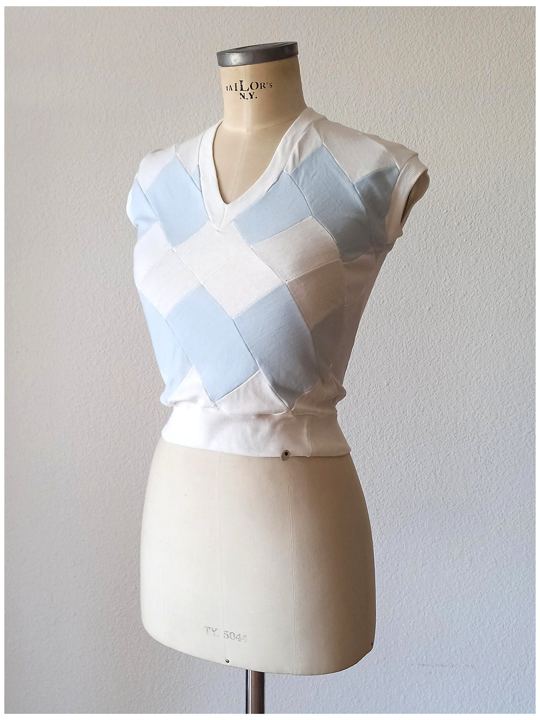 1940s 1950s - DEADSTOCK - Gorgeous Blue Grey White Cotton Top - Sz 2