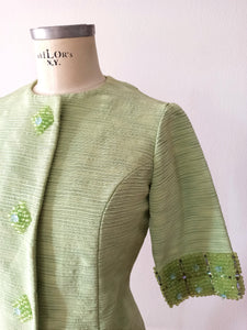 1960s - LEURIER, Italia - Stunning Green Beaded Couture Coat - W32 (82cm)