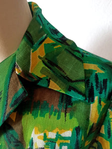 1950s 1960s - Fabulous Abstract Green Linen Dress - W28.5 (72cm)