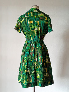 1950s 1960s - Fabulous Abstract Green Linen Dress - W28.5 (72cm)