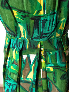 1950s 1960s - Fabulous Abstract Green Linen Dress - W28.5 (72cm)