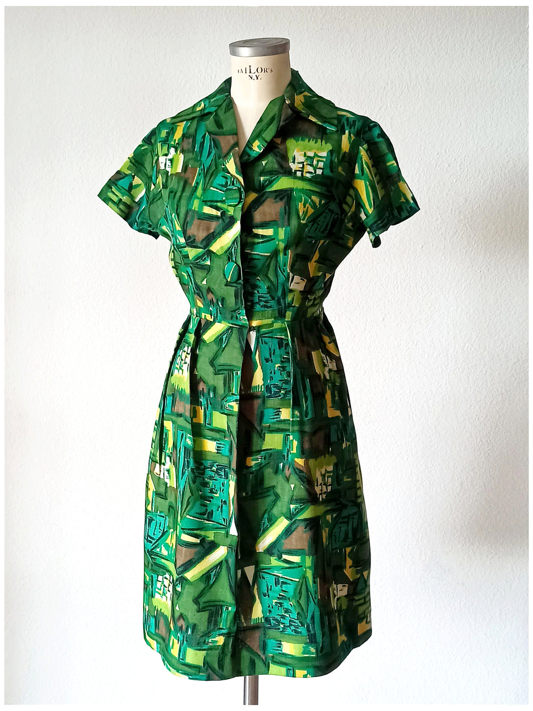 1950s 1960s - Fabulous Abstract Green Linen Dress - W28.5 (72cm)