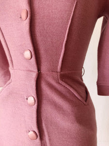 1950s - St. MICHAEL, UK - Gorgeous Pink Jersey Wool Dress - W24.5/28.5 (62/72cm)