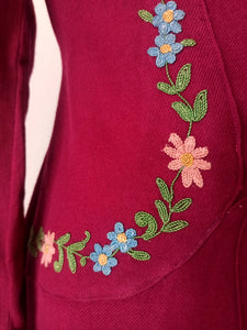 1930s 1940s - Stunning Burgundy Embroidered Wool Dress - W27.5 (70cm)