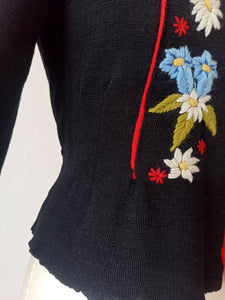 1940s - Gorgeous Black Embroidery Cardigan