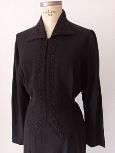 1940s - Superb Black Gabardine Wool Dress - W39 (100cm)