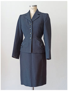 1940s - Gorgeous Stone Blue Wool Ensemble - W27/24 (70/60cm)