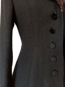 1940s - Superb Black Wool Faux Fur Collar Long Coat - W30 (76cm)