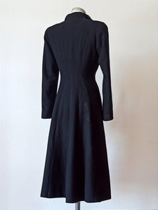 1940s - Superb Black Wool Faux Fur Collar Long Coat - W30 (76cm)