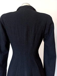 1940s - Superb Black Wool Faux Fur Collar Long Coat - W30 (76cm)